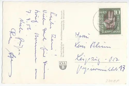 Bedarfskarte, Michel-Nr. BRD 239 EF, o Kulmbach, 30.8.56