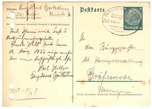 Ganzsache Michel-Nr. DR P 226, o Bahnpost Berlin-Würzburg, Zug 14, 27.10.37