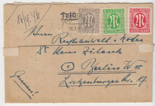 Bedarfsbrief, Michel-Nr., Bizone 2 MiF 3; 24, o Flensburg 28.3.46