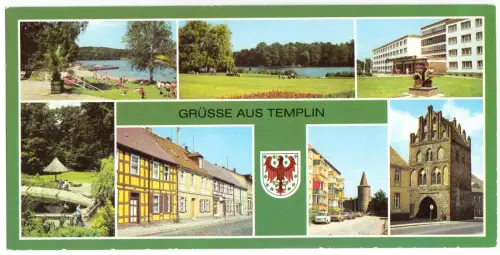 AK lang, Panoramakarte, Templin Uckermark, sieben Abb. und Wappen, 1983