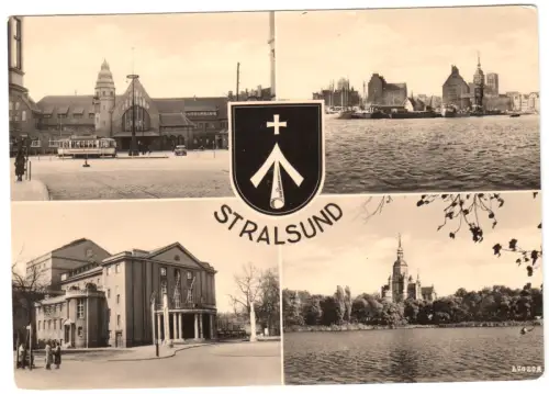 AK, Stralsund, vier Abb., u.a. Bahnhof mit Straßenbahn, 1960