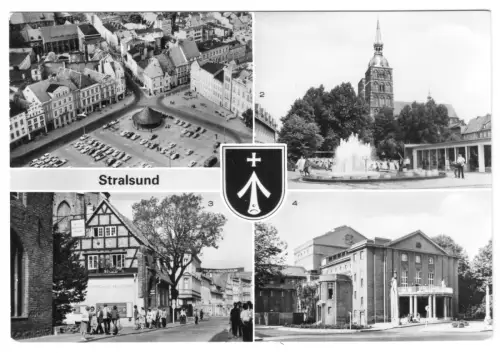 AK, Stralsund, vier Abb., u.a. Wasserspiele Ossenreyer Str., 1982