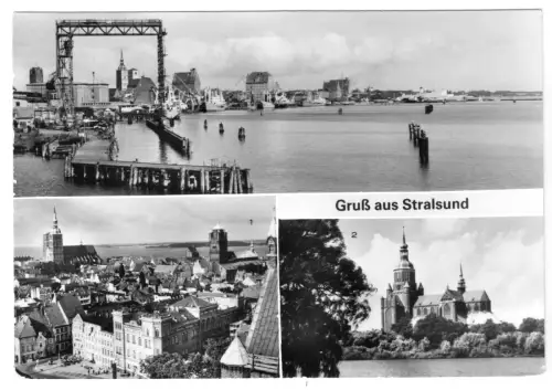 AK, Stralsund, drei Abb., u.a. Blick von der Rügendammbrücke, 1981