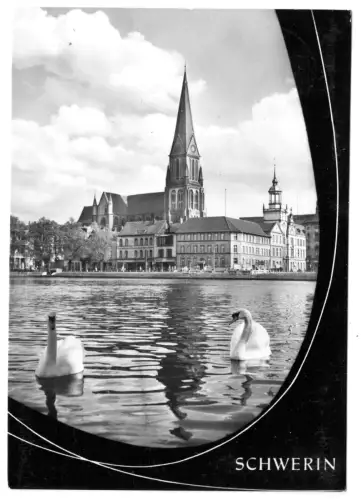 AK,  Schwerin, Blick über den Pfaffenteich zum Dom, gestaltet, 1966