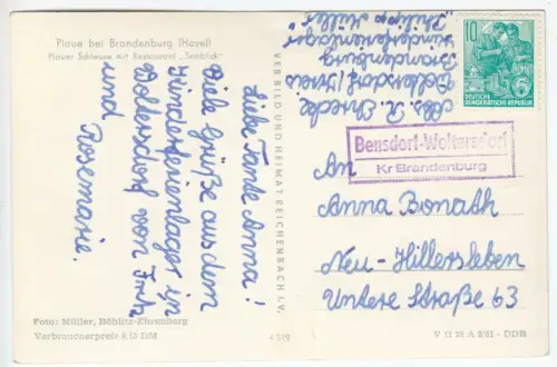 Bedarfspostkarte, Landpoststempel: Bensdorf-Woltersdorf Kr. Brandenburg, 1961