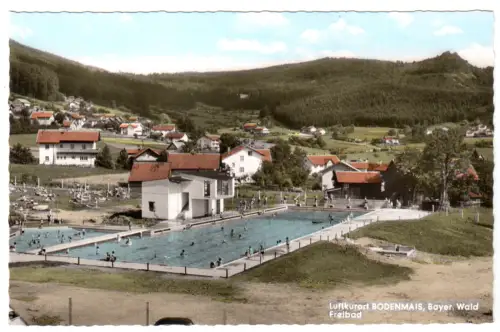 AK, Bodenmais Bayer. Wald, Teilansicht mit Freibad, um 1962