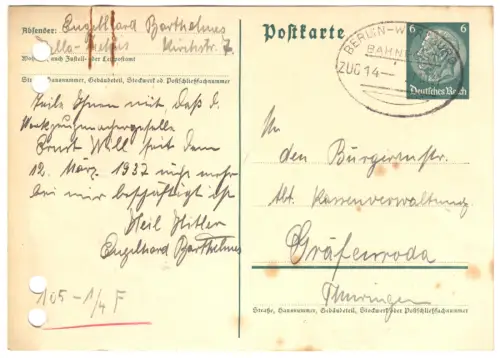 Ganzsache Michel-Nr. DR P 226, o Bahnpost Berlin-Würzburg, Zug 14, 27.10.37
