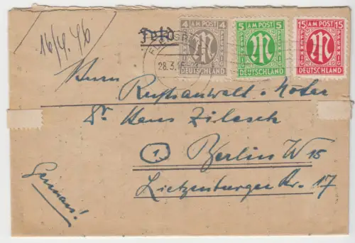 Bedarfsbrief, Michel-Nr., Bizone 2 MiF 3; 24, o Flensburg 28.3.46