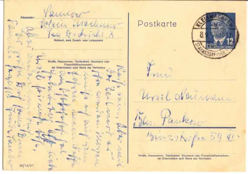 Ganzsache, Michel-Nr. DDR P58, o Kleinmachnow über Stahnsdorf, 8.9.54