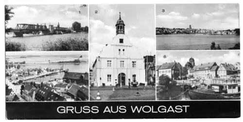 AK lang, Panoramakarte, Wolgast, Gruß aus Wolgast, fünf Abb., 1974