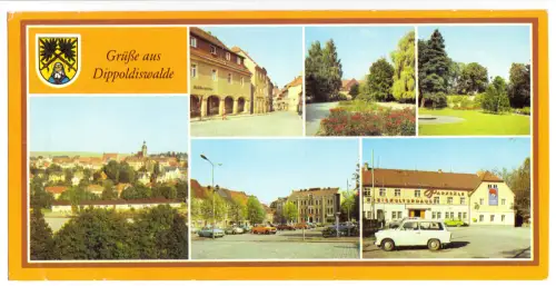 AK lang, Panoramakarte, Dippoldiswalde, sechs Abb., Wappen, 1984