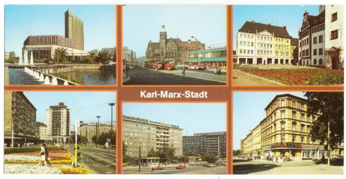 AK lang, Panoramakarte, Karl-Marx-Stadt, Chemnitz, sechs Abb., 1989, Version 1