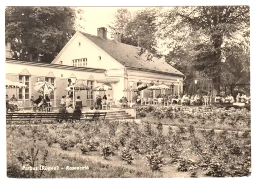 AK, Putbus Rügen, Konsum-Gaststätte "Rosencafé", Terrasse, Version 4, 1962