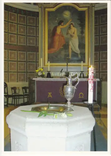 AK, Elsterberg Vogtl.. Laurentiuskirche, Partie mit Taufbecken, um 1994