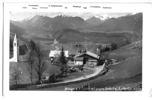 AK, Mösern, Tirol, Teilansicht mit Kirche geg. Inntal u. Lechtaler Alpen, 1941