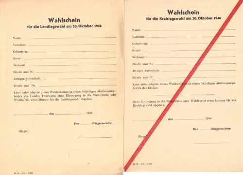 zwei Wahlscheine, Landtags- und Kreistagswahl am 20. Oktober 1946, blanko