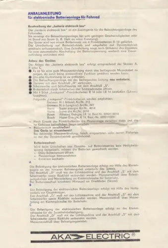Anbauanleitung für elektronische Batterieanlage für Fahrrad, 1985