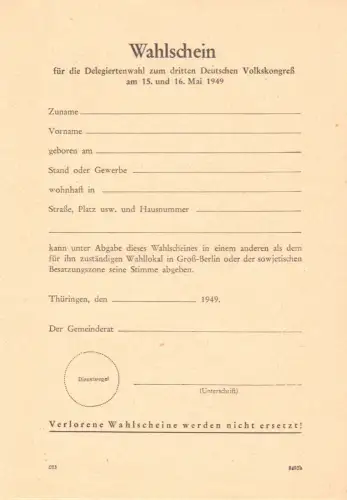 Wahlschein zum dritten Deutschen Volkskongress am 15. und 16. Mai 1949, blanko