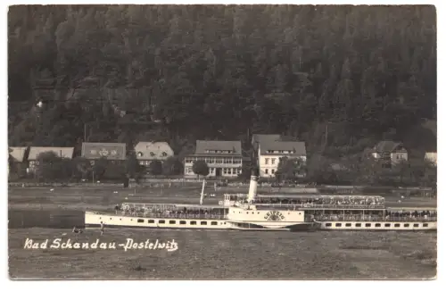 AK, Bad Schandau-Postelwitz, Teilansicht, Raddampfer " Leipzig", Echtfoto, 1956