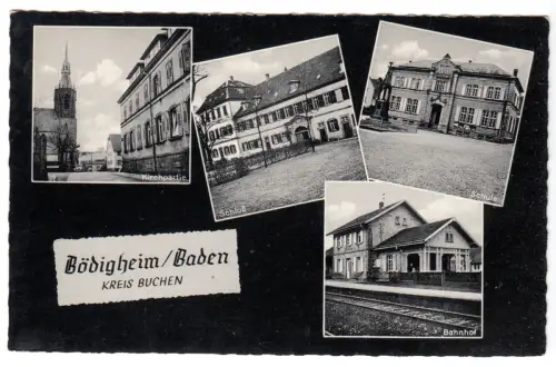 AK, Bödigheim Baden, Kr. Buchen, vier Abb., u.a. Bahnhof, um 1958