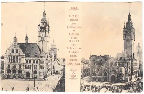 AK, Dessau, Brand des Rathauses am 3. April 1910, zwei Abb., um 1910