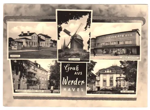 AK, Werder Havel, fünf Abb., gestaltet, u.a. Bahnhof mit Mitropa, 1966
