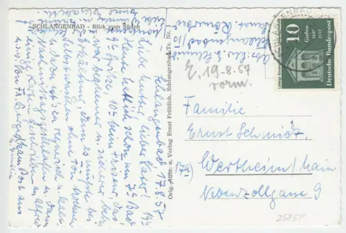 Bedarfskarte, Michel-Nr. BRD 258 EF, o Schlangenbad, 17.8.57