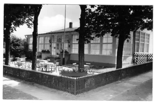 AK, Altenhof Werbellinsee, FDGB-Heim "Strandpavillion", Terrasse am See, 1965