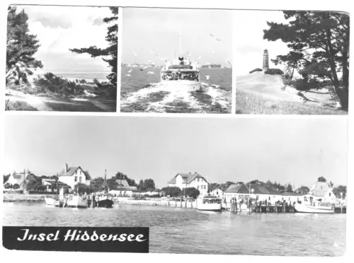 AK, Insel Hiddensee, vier Abb., u.a. Panorama des Hafens in Vitte, 1968
