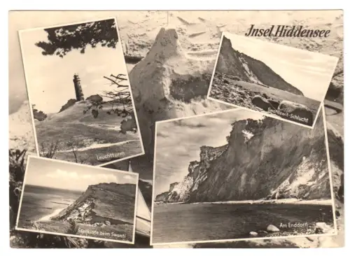 AK, Insel Hiddensee, vier Abb., gestaltet, Steilküste und Leuchtturm, 1966