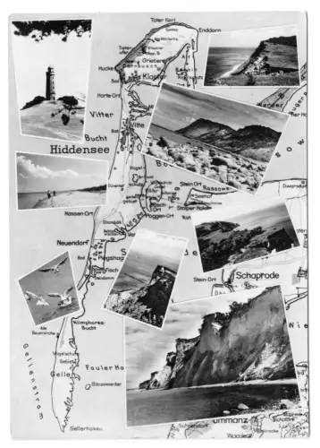 AK, Insel Hiddensee, acht Abb. gestaltet, Hintergrund Landkarte, 1963