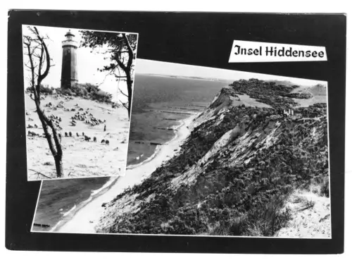 AK, Insel Hiddensee, zwei Abb., Leuchtturm am Dornbusch,  Blick zum Swanti, 1966