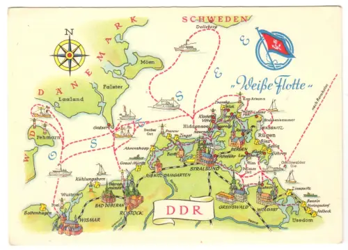 AK mit Landkarte, Tourenpläne der Weißen Flotte auf der Ostsee, 1962