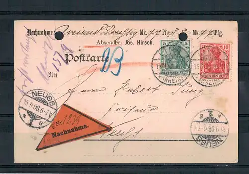 Deutsches Reich, Nachnahme Postkarte MiNr. 70 + 71 von Linz am Rhein nach Neuss gelaufen (1908)
