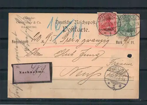 Deutsches Reich, Nachnahme Postkarte MiNr. 70 + 71 von Hamburg nach Neuss gelaufen (1903)