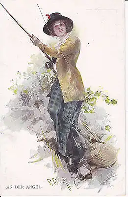 Ansichtskarte Kunstpostkarte Frau mit Angel Mode Emanzipation ca. 1910