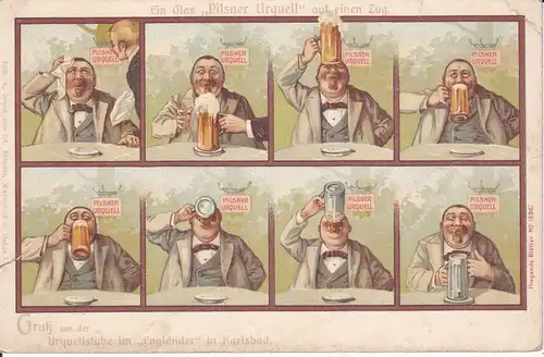 Ansichtskarte Reklame Scherzkarte Pilsner Urquell / Urquellstube "Zum Engländer" Karlsbad