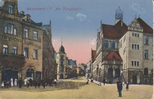 Ansichtskarte Reichenbach Vogtland Königsplatz Goldenes Lamm Postamt ca. 1910