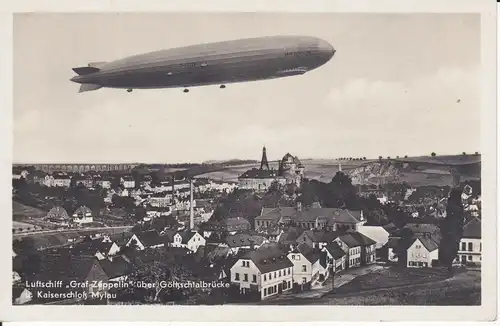Ansichtskarte Mylau Schloss Göltzschtalbrücke mit Luftschiff Graf Zeppelin 1930