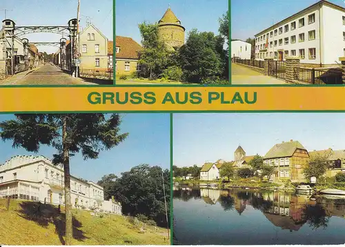 Ansichtskarte Plau am See Mehrbildkarte Hubbrücke Burgturm FDGB-Erholungsheim Elde 1989