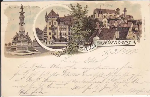 Ansichtskarte Nürnberg Kunstbrunnen Nassauer Haus Burg Farblitho 1897