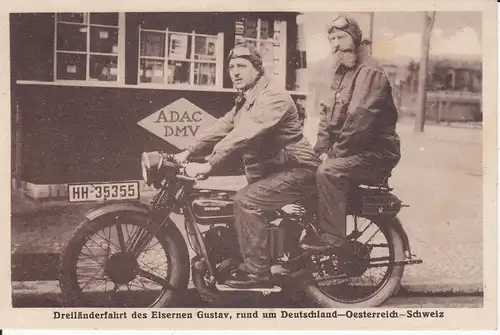 Ansichtskarte Eiserner Gustav / Gustav Hartmann auf Motorrad Dreiländerfahrt ca. 1930