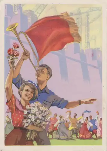 Ansichtskarte Sowjetunion Propaganda Jugend Trompeter Industrie 1958