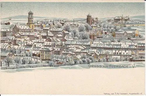 Ansichtskarte Auerbach Vogtland Gesamtansicht im Winter / Künstlerpostkarte ca. 1910