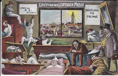 Ansichtskarte Leipzig Messe Unterkunft Nachtlager Logis Scherzkarte ca. 1910