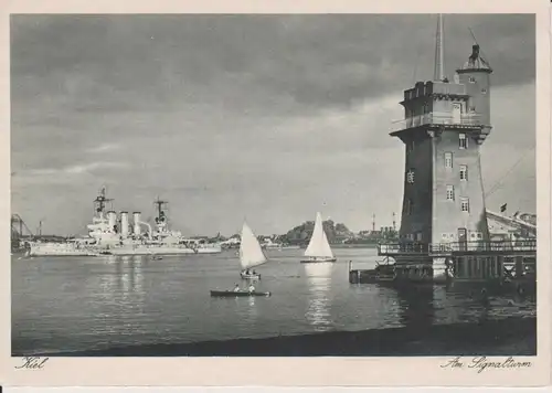 Ansichtskarte Kiel Signalturm Signalstation Hafen Kriegsschiff ca. 1940