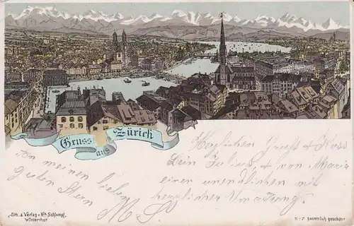 Ansichtskarte Zürich Gesamtansicht mit Alpenpanorama Farblitho 1896