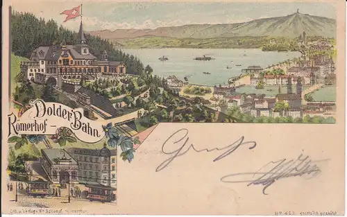 Ansichtskarte Zürich Römerhof Dolder-Bahn Hotel Ausblick Zürichsee / Farblitho 1896