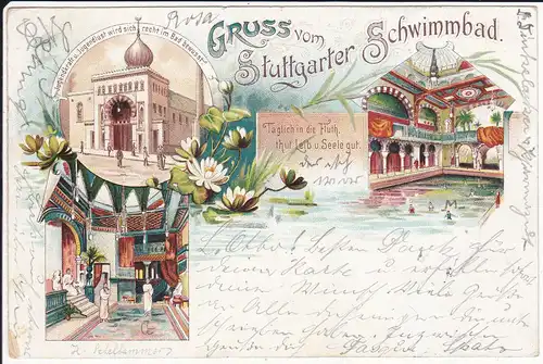 Ansichtskarte Stuttgart Schwimmbad Maurischer Stil / Farblitho 1896