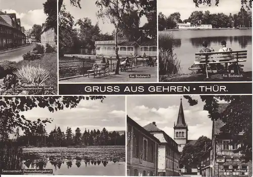Ansichtskarte Gehren Thüringen Mehrbildkarte Badeteich Rathaus Seerosenteich 1968